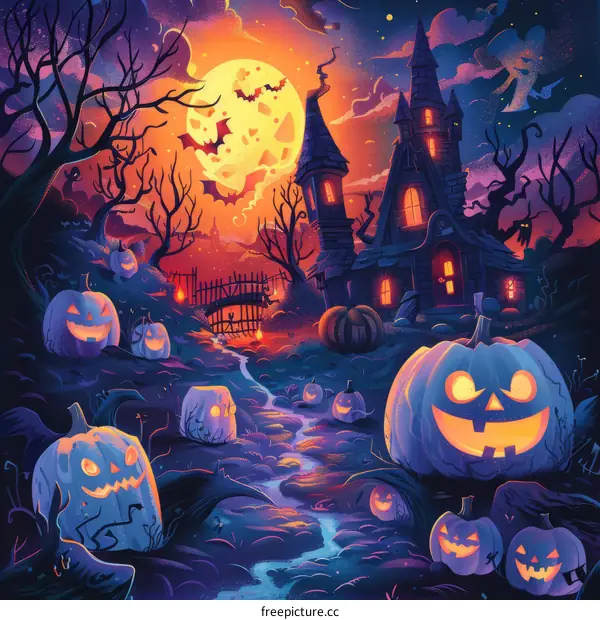 Spooky Halloween night haunted house with pumpkins and bats