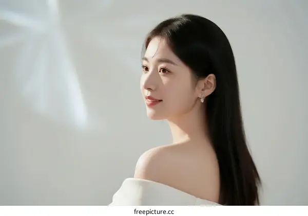 Elegant Young Woman with Long Black Hair in White Off-Shoulder Dress