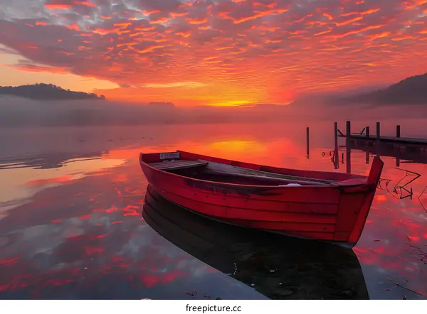 boat on calm lake at sunset with vibrant red orange sky