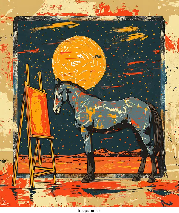 Horse Painting Under a Full Moon in the Desert
