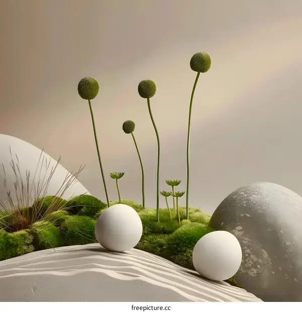 Minimalist Still Life with Green Plants and White Spheres on Sand