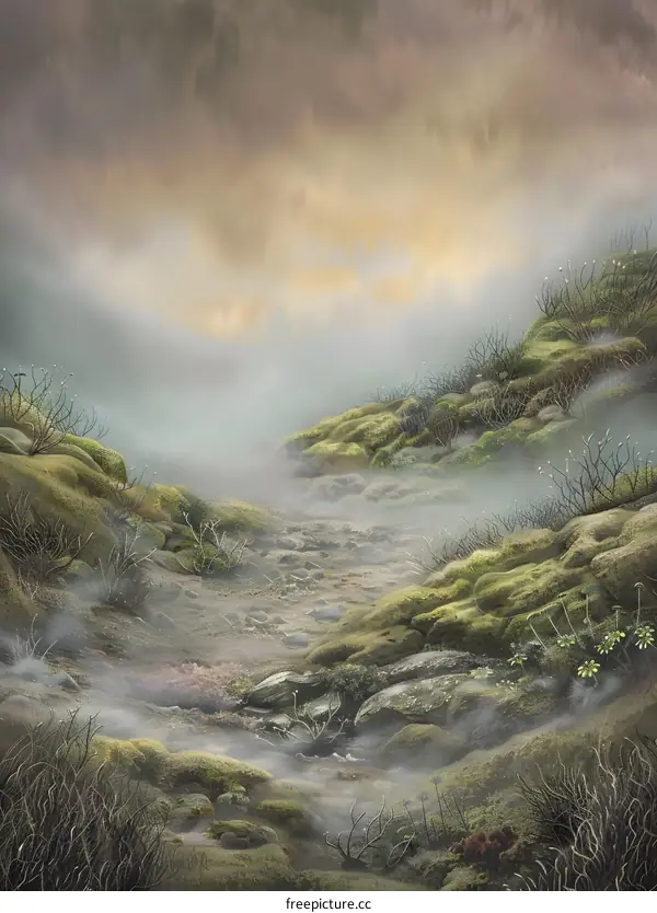 Foggy Mountain Landscape Painting