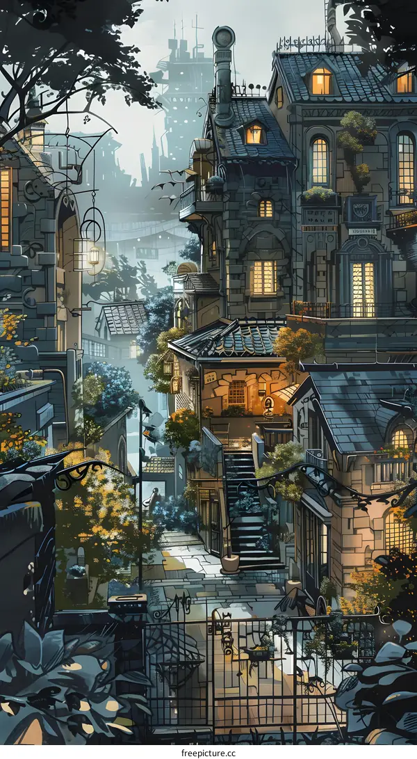 Steampunk Cityscape with Buildings and a Person