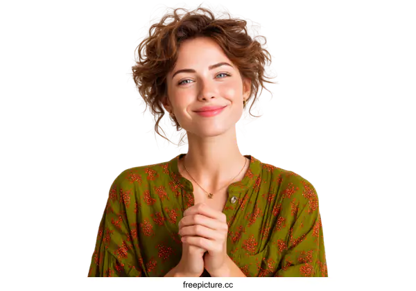 [Transparent Background PNG]Smiling Woman in a Printed Button-Down Top