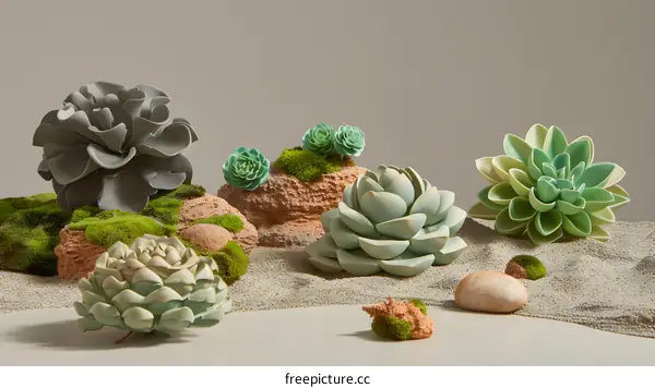 Succulents on Sand with Moss and Rocks