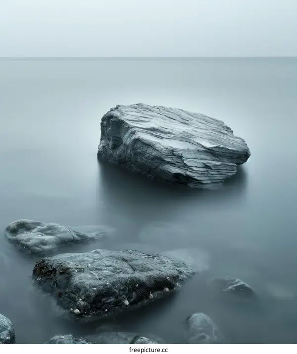 Large rock in the middle of the sea with smooth water surface and rocks in the foreground