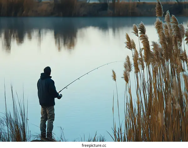 Man Fishing by the Lake with Reeds in the Background