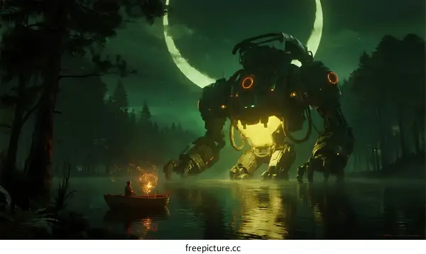 Giant mechanical robot standing in dark lake with small boat