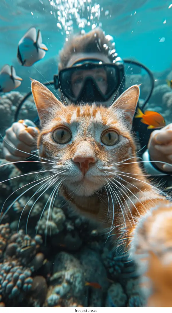 Scuba diver takes selfie with curious cat underwater
