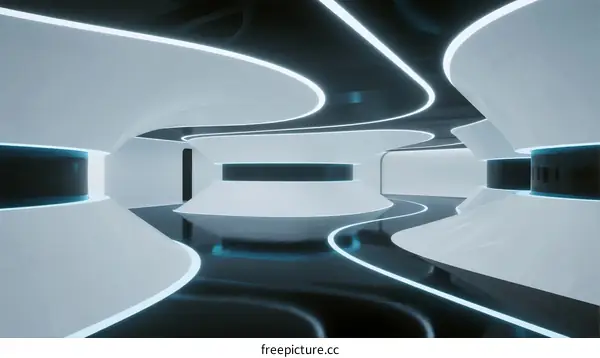 Futuristic White Curved Architecture with Neon Lighting