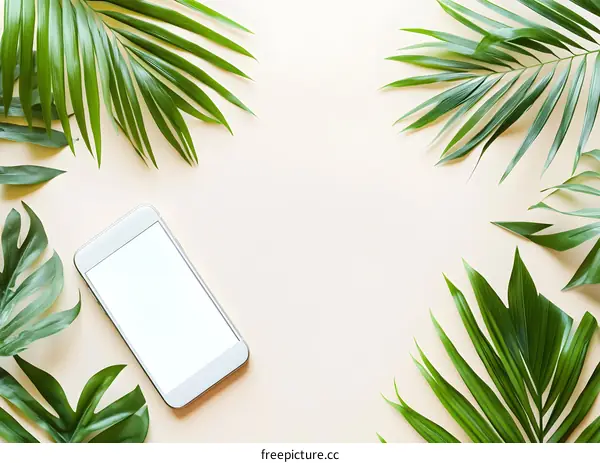 Palm Leaf Border with White Smartphone for Social Media Template