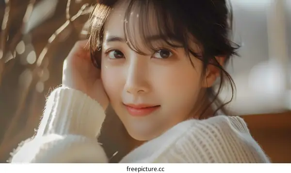 Portrait of a Young Woman with Long Black Hair Smiling and Looking at the Camera