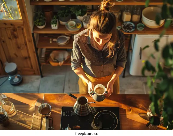Focused young woman making pour over coffee at kitchen counter