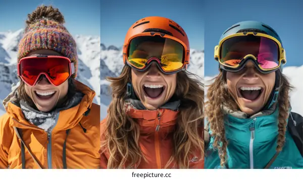 Three Happy Women Snowboarding on a Snowy Mountain