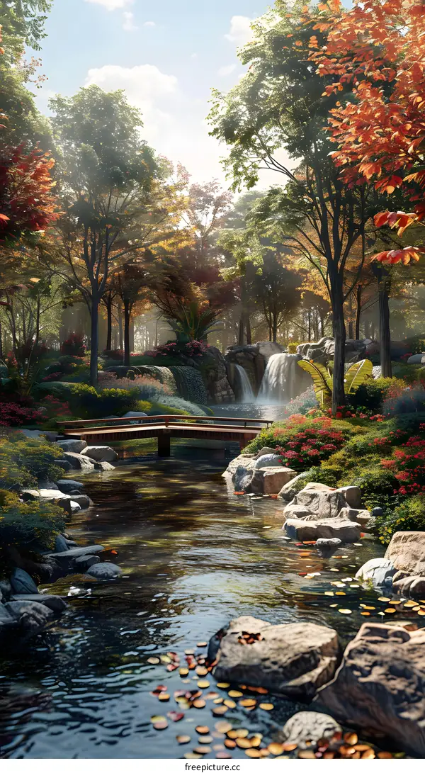 A beautiful landscape with a river, waterfall, and bridge in a forest with red and green leaves.