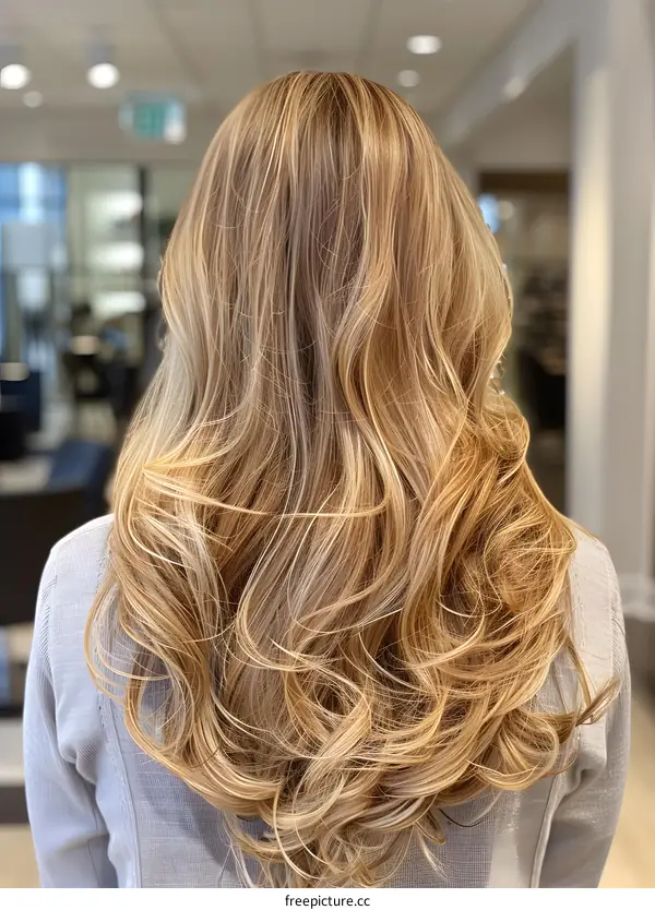 back view of blonde woman with long wavy hair