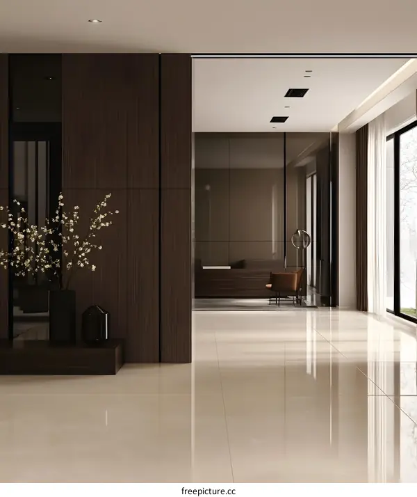 Modern Interior Design with Beige Tiles and Wooden Wall Panels