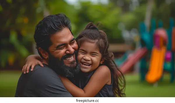 Father and daughter laughing and hugging in the park