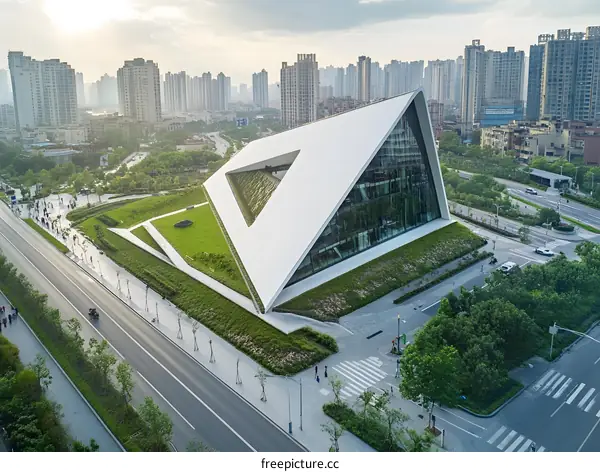 Modern Architecture Building With Green Roof and Cityscape