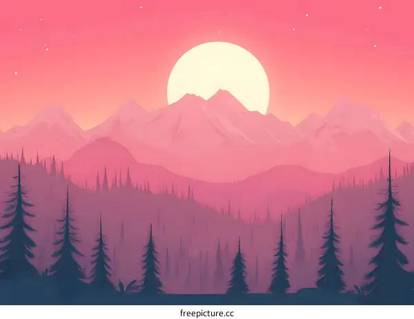 Pink Sunset Mountain Landscape Illustration