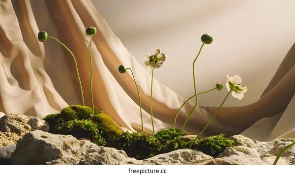 Minimalist White Flower Arrangement With Rocks And Moss