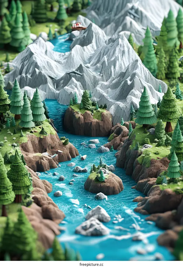 Low Poly Mountain River Landscape Illustration