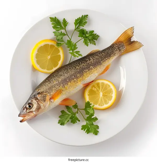 Fish with lemon and parsley on a white plate