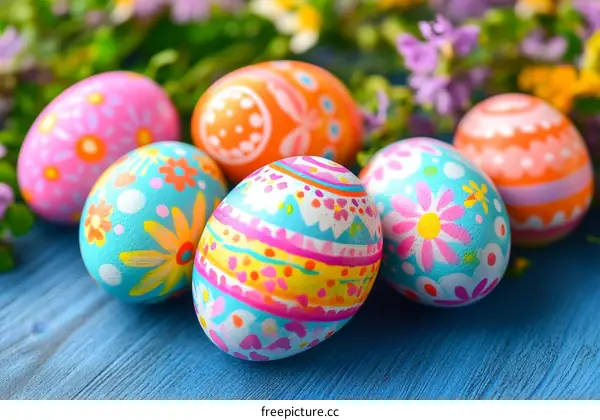 Colorful Hand Painted Easter Eggs on Blue Wooden Background