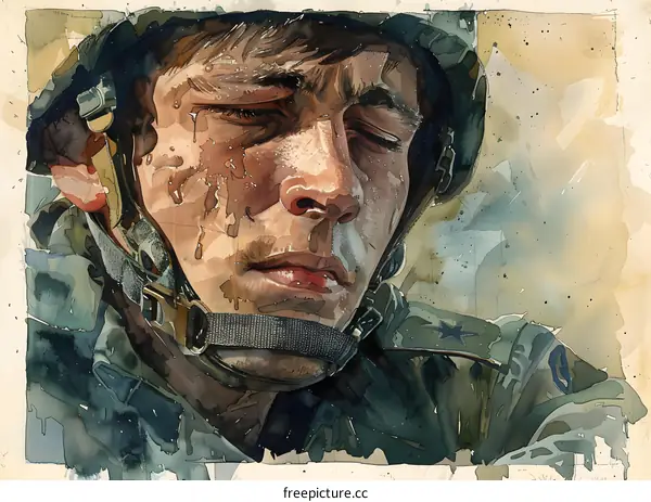 A portrait of a soldier wearing a helmet and camouflage