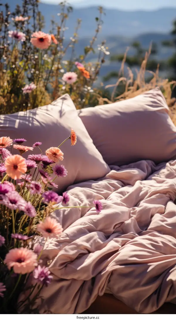 A beautiful outdoor bed made of pink linen with lots of colorful flowers