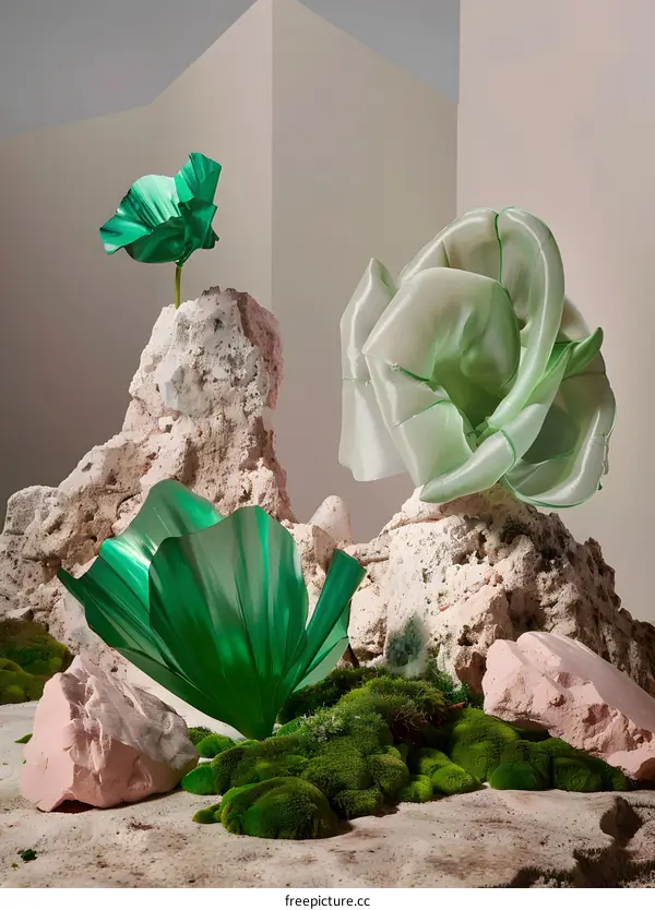 Abstract Green Floral Sculpture on Stone