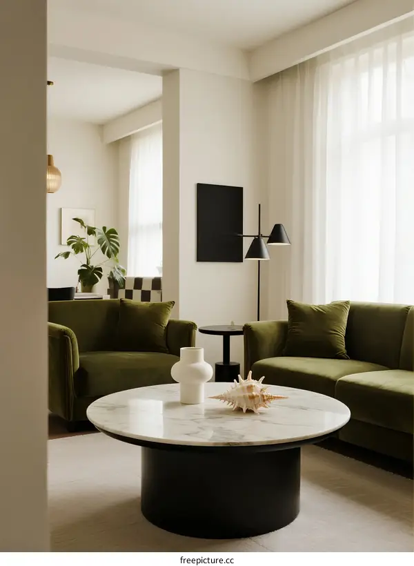 Modern living room with green sofa and marble coffee table
