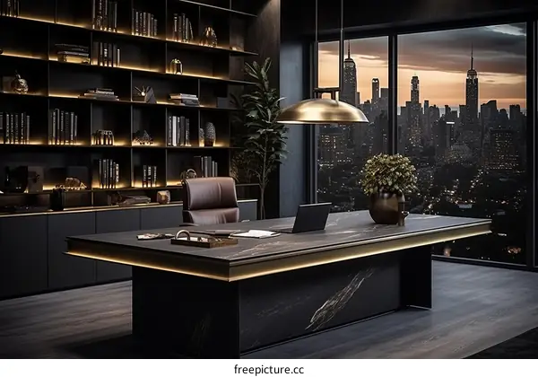 A luxurious office with a view of the city skyline