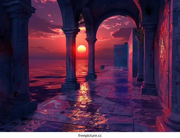 Ancient Colonnade at Sunset by the Water's Edge