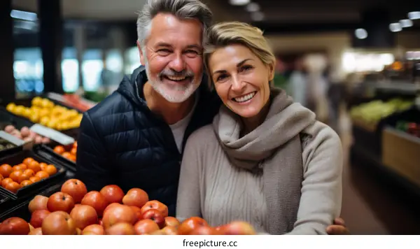 Happy senior couple grocery shopping together