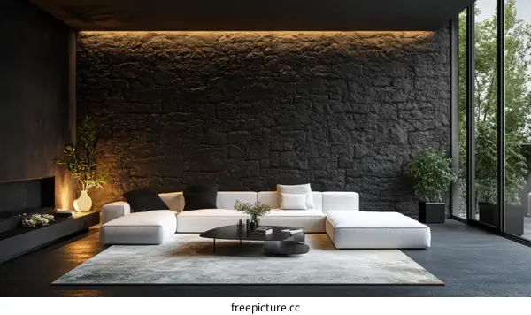 Modern Dark Stone Wall Living Room Interior Design