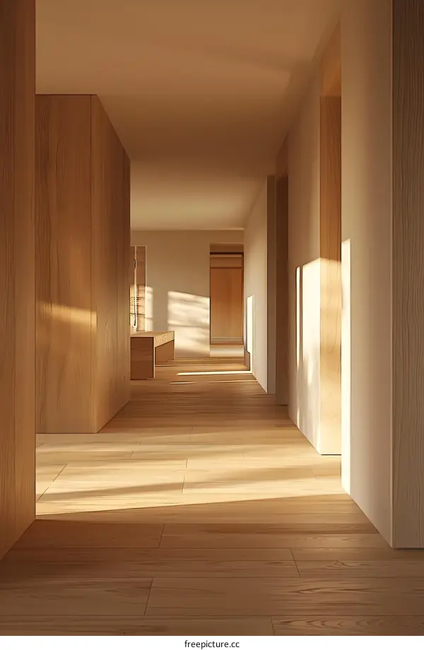 Wooden interior of a house with a long hallway