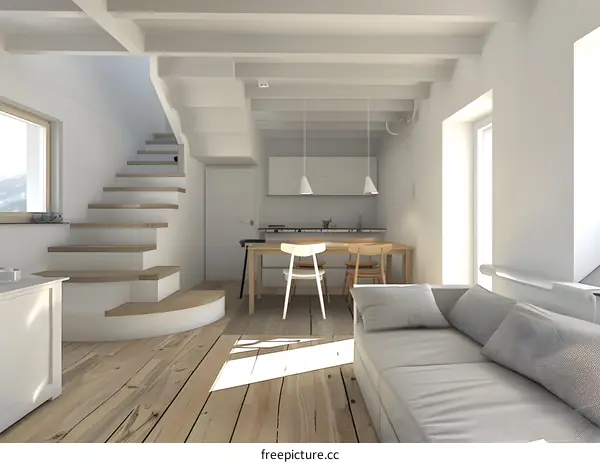 Modern White Minimalist Open Floor Plan Home Interior Design with Stairs and Wooden Floor