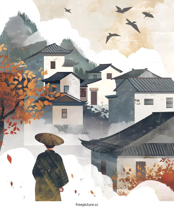 Traditional Chinese Village Illustration with Person in Autumn