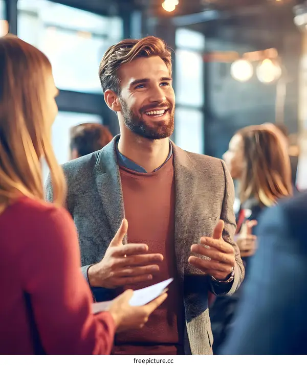 Smiling Businessman Talking To Colleagues At A Networking Event