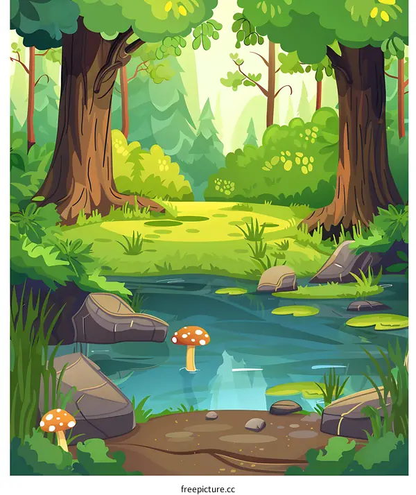 Beautiful Green Forest Illustration with a Stream and Mushrooms