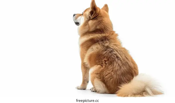 Fluffy Shiba Inu dog sitting with its back turned