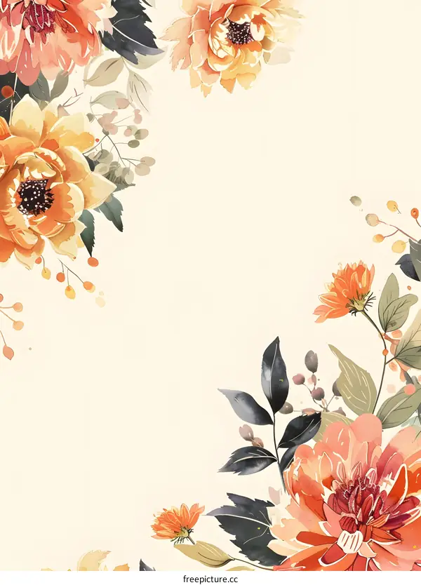Watercolor Floral Border  Background With  Orange Flowers