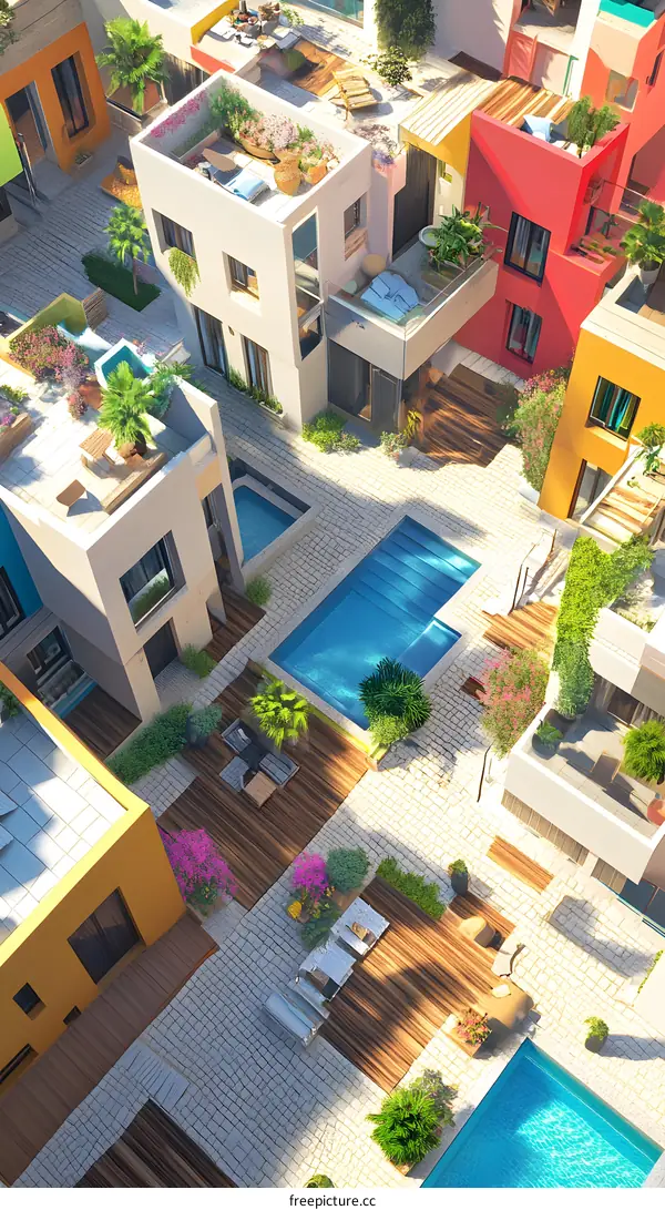 Aerial View of Modern Building Complex With Swimming Pool