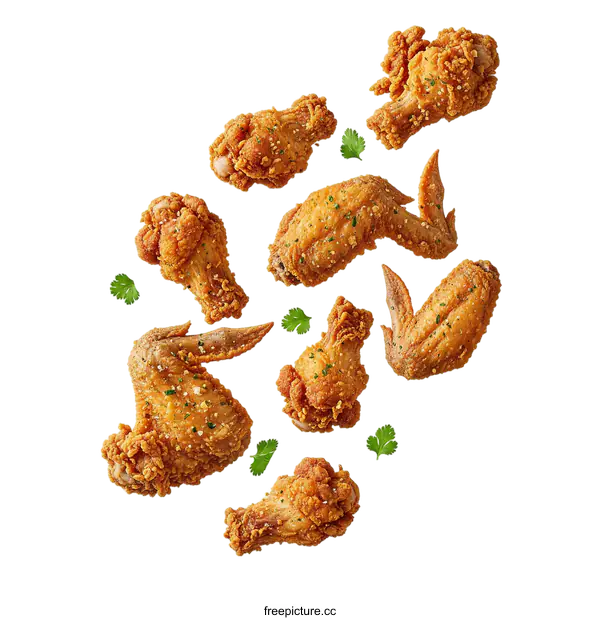 [Transparent Background PNG]Crispy fried chicken pieces with seasoning and parsley