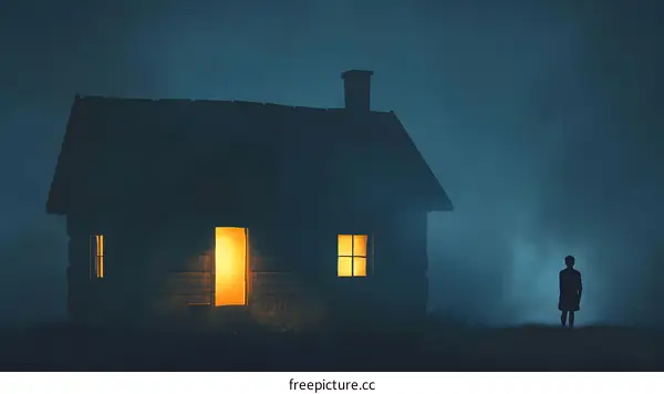 A Person Stands in the Fog in Front of a Cabin
