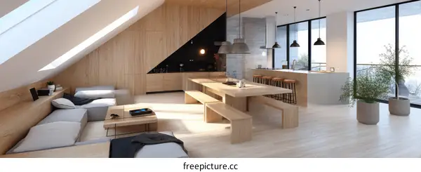 Modern Scandinavian Loft Kitchen Living Area Design