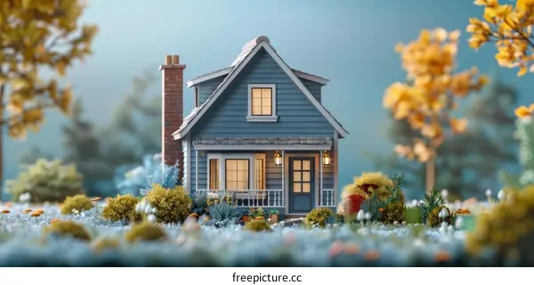 Small blue house in a snowy forest