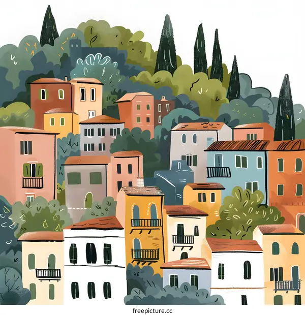 Colorful Illustration of a Town with Houses and Trees