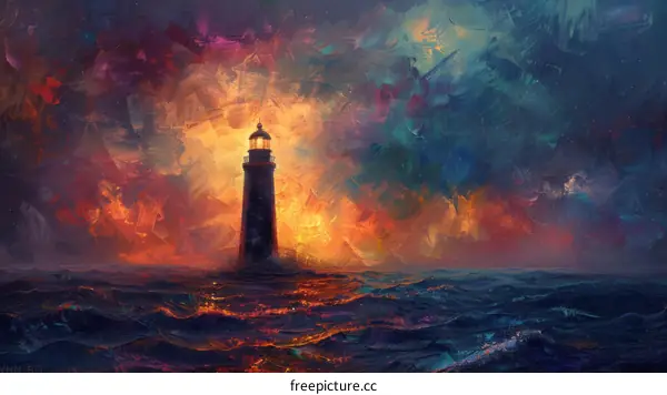 Lighthouse Painting with Abstract Sky and Waves